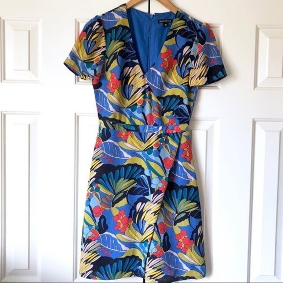 J. CREW • Mercantile Blue Tropical Palm Floral Faux Wrap Dress SIZE 4 EUC - Picture 2 of 9